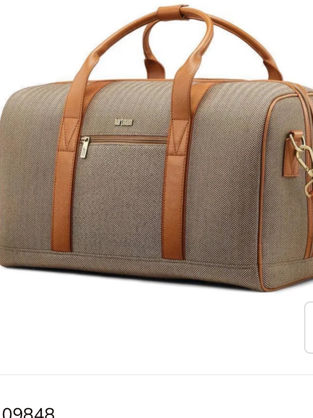 Classic Cream Herringbone Duffel with Tan Leather Trim